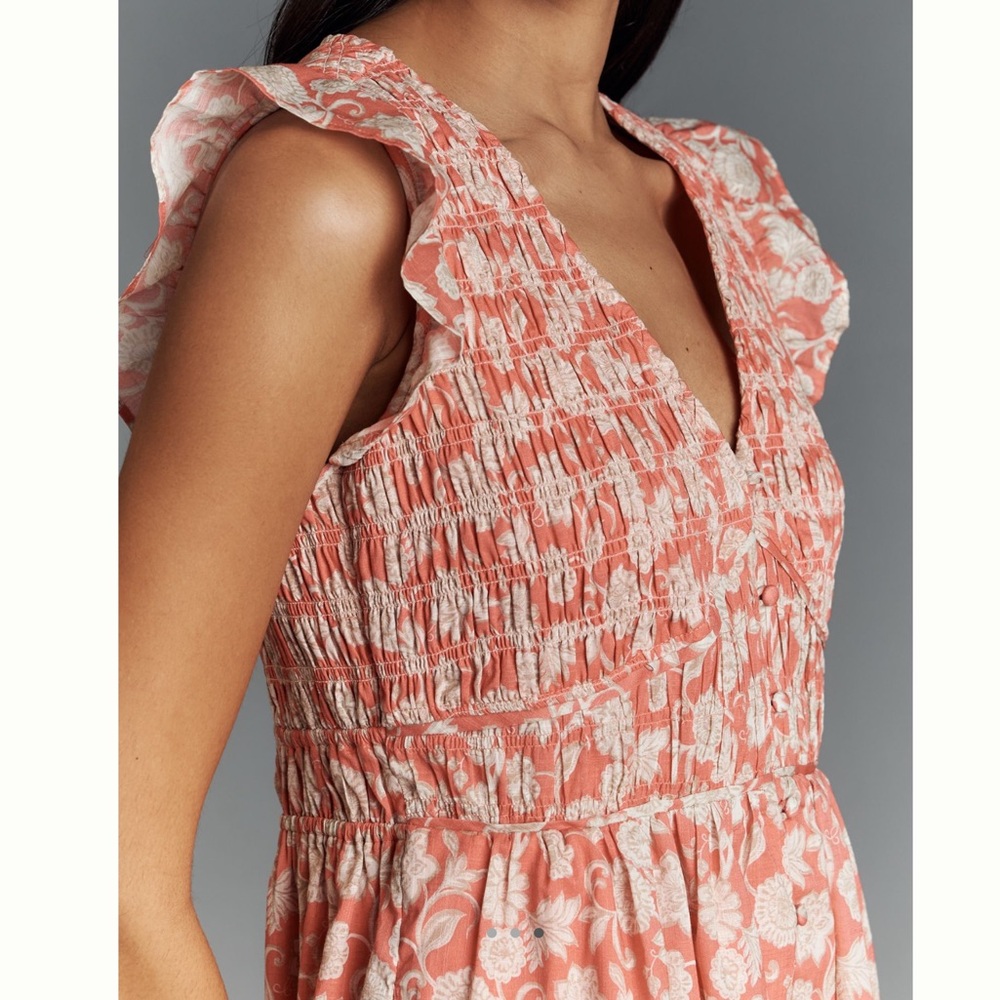 Anthropologie Peregrine Mini Dress Sleeveless V-Neck Smocked New 2X Coral Floral - Picture 3 of 14